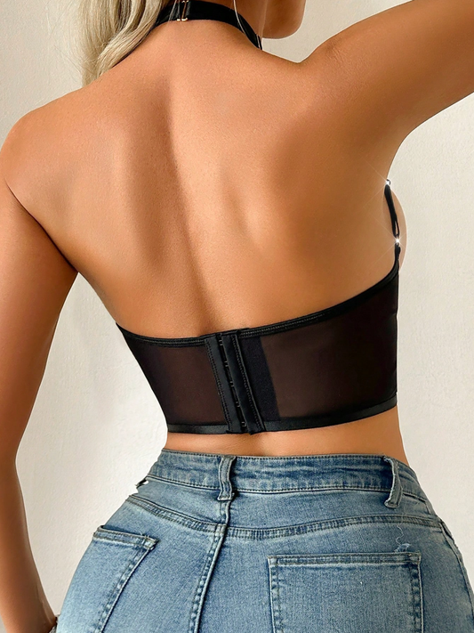 Corsetto Bralette Fatal Desire – Nero con Catene Oro e Coppe Aperte